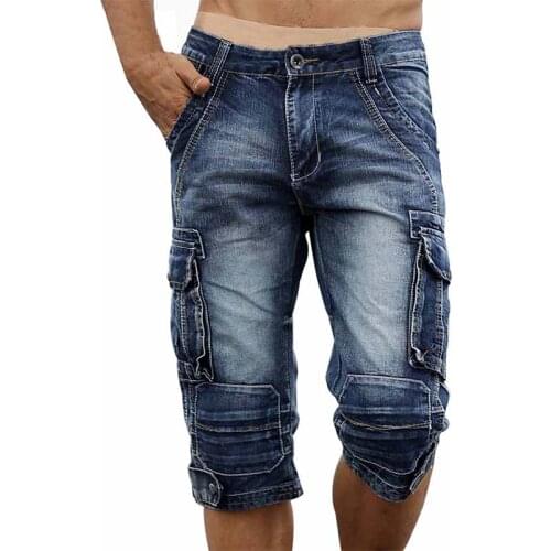 Mcikkny Retro Mens Cargo Denim Shorts Jeans Slim Fit Straight Multi-pockets Military Designer Jeans Shorts For Male Size 29-40