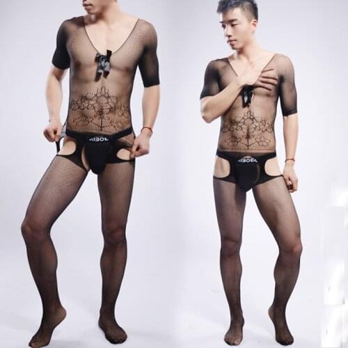 Men Bodysuit Sexy Mesh Velvet High Elastic Hollow out Bar club Dance Party Bodystockings Male Shapewear Body Stocking DJ0708