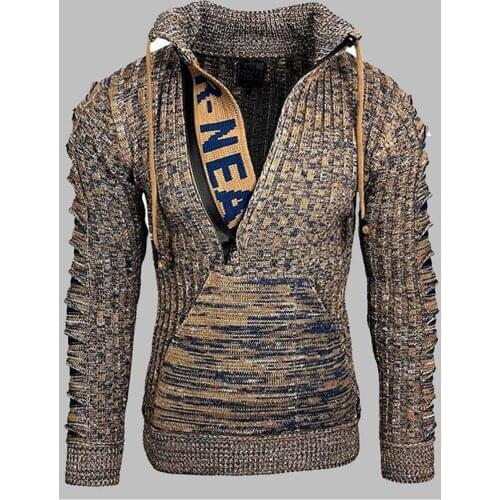 2020 Fashion Men Autumn Winter Sweater Cardigan Turn Down Collar Ripped Knitted Cotton Letters Long Sleeve Jumper- Warm outwear