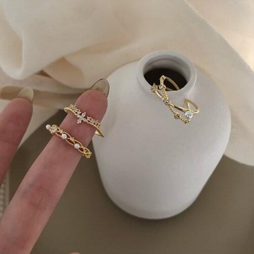 Adjustable Set Open Rings For Women Vintage Pearl Double Layer Beads Zircon Inlaid Hollow Simple Personality Party Jewelry Trend