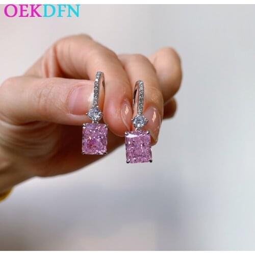 OEKDFN 100% 925 Sterling Silver Earrings Pink Sapphire Citrine Created Moissanite Wedding Dangle Drop Earrings Fine Jewelry