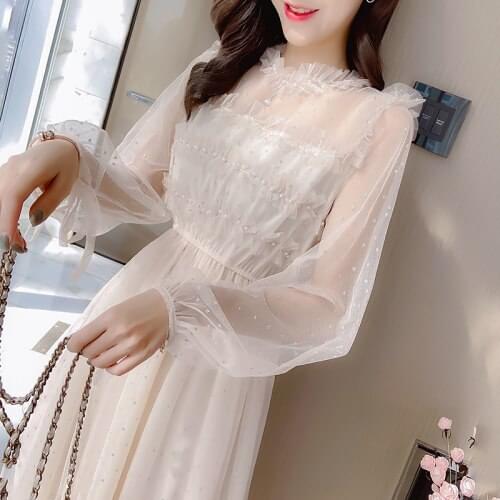 Spring Summer Beading Shiny Chiffon Elegant Sweet Mid-Calf Double Layered Women Female Lady Long Dress