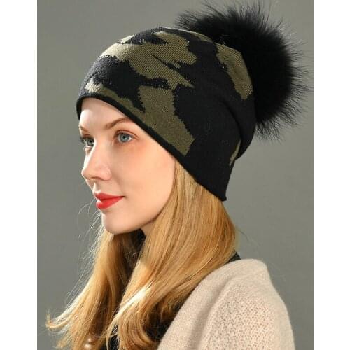 Wool Beanies Hat Women Real Natural Raccoon Fur Pom Pom Hat Girls Female Wool Knitted Beanie Winter Hats with Rhinestone