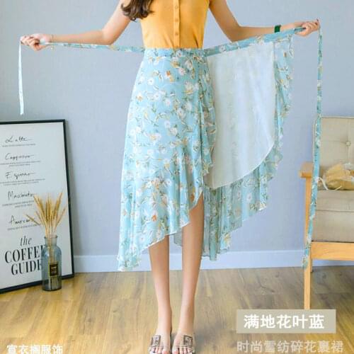 2021 Summer New High-waist Ruffled Floral Chiffon One-piece Skirt Sunscreen Beach Skirt with Fishtail Long Skirt