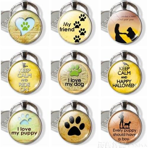 Dog Paw Pendant Round Glass Dome Pendant Key Chain Dog Lovers Gifts Cute Bag Pendant Women Fashion Jewelry Keyfob