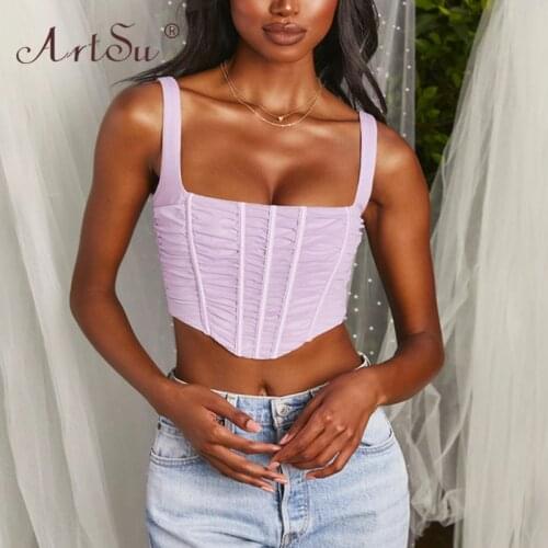 ArtSu Sleeveless Elegant Bustier Mesh Corset Tank Top Women Fashion Crop Top Sexy Backless Zipper Cropped Purple Party Tops