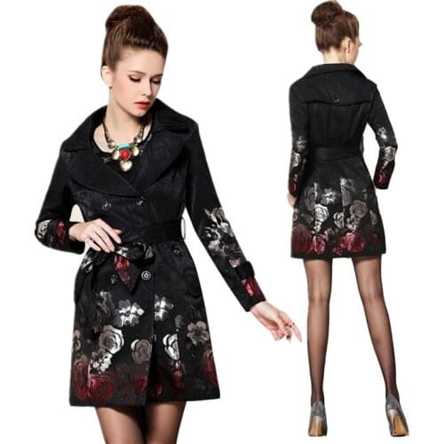 2019 Hot Sale Long Trench Coat Woman Windbreaker Floral Trench Coat Rose Jacquard Embroidered