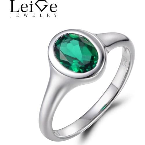 Leige Jewelry Oval Cut Emerald Anniversary Ring Green Stone Ring May Birthstone 925 Sterling Silver Wedding Gift Ring for Lady