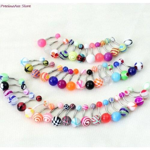 10pcs/set Stainless Steel Belly Button Ring Curved Barbell With Acrylic Pattern Ball Navel Piercing Bar Body Jewelry