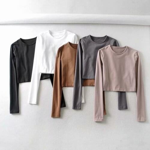 2021 Temperament Round Neck Pullover Long-sleeved Slim Solid Color Short T-shirt Bottoming Shirt Outdoor Womens Clothing