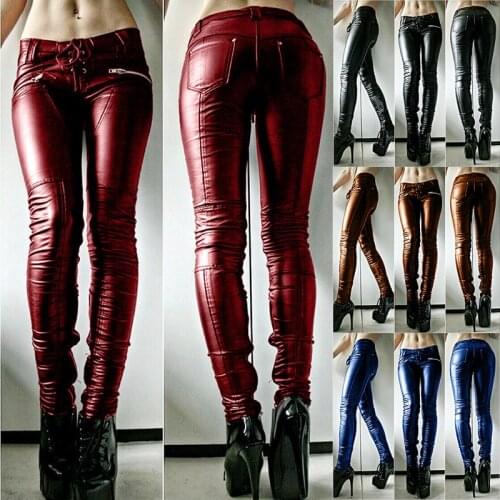 Large Size Punk Gothic PU Leather Pencil Pants Women Sexy Skinny Lace Up Zipper Medieval Retro Viking Long Pants S-5XL