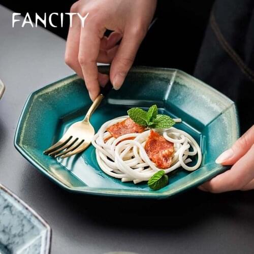 FANCITY Japanese creative ceramic plate retro kiln glazed octagonal plate home 8 inch dish plate salad plate steak plate