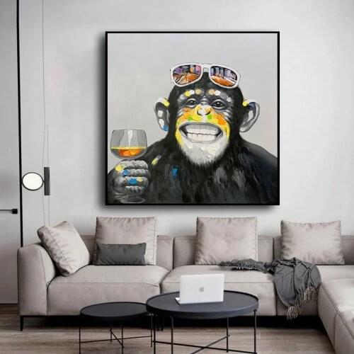 Laughing Monkey Drinking Art Canvas Painting Funny Animal Posters and Print Abstract Wall Art Picture for Living Room Home Decor