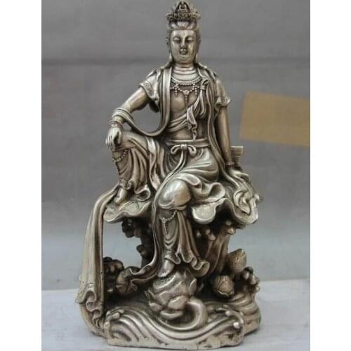 China Palace White Copper Silver Fu Foo Dog Lion Play Ball Sculpture Statue