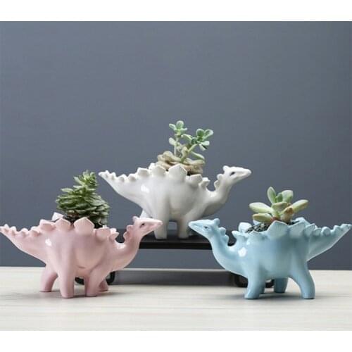 Creative Ceramic Stegosaurus Flower Pot Succulent Garden Desktop Decoration With Tray Creative Dinosaur Flower Planter Pot