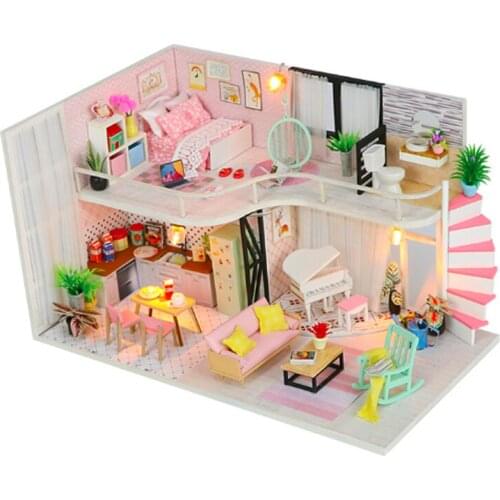Creative DIY Children Adult Miniature Doll house Wooden Kits Assembled Pink melody building blocks mini home furnishing toys