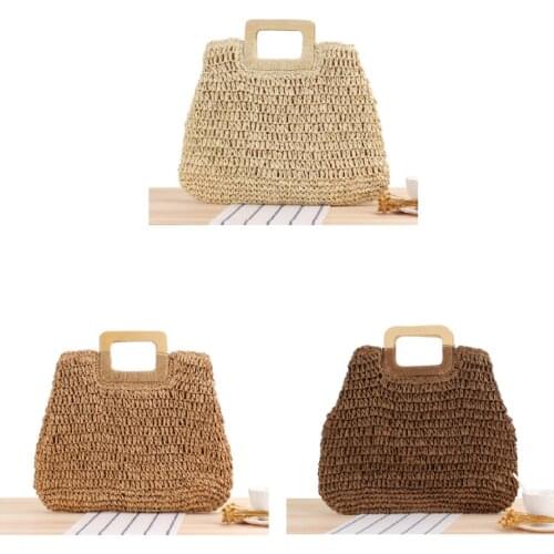 Hot Sale Summer Square Wooden Handle Woven Bag Large Capacity Straw Woven Bag Beach Bag Portable Women Bag bolsos de playa 2020