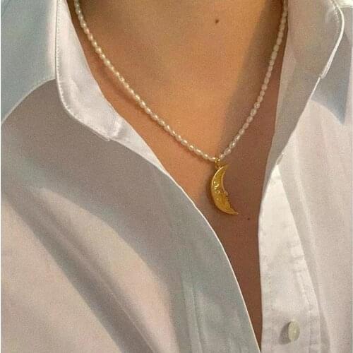 Minar Natural Freshwater Pearls Chain Crescent Moon Pendant Necklace for Women Chic Gold Elegant Bohemian Chokers Necklaces 2021