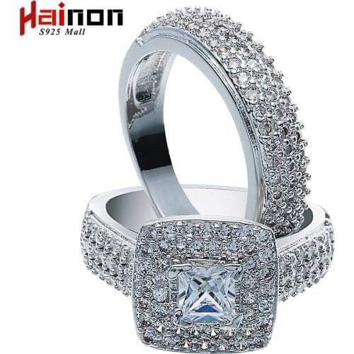 Fashion Women Engagement Ring Set Austrian Crystal White Gold-Color Full Size White Zircon Ring Sets Wedding Bride Jewelry