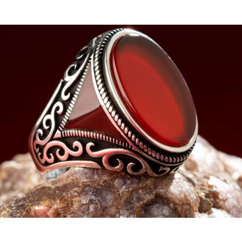 925 Sterling Silver Burgundy Agate Stone Oval Mens Ring Exclusive Ring for Men Aqeeq Gemstone Male Ring Silver Ring