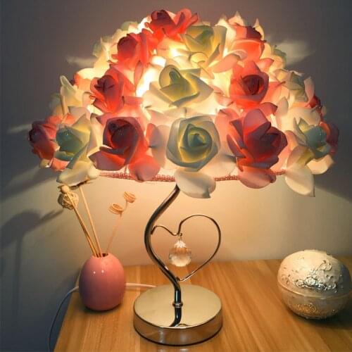 Novelty Warm Roses Heart-shaped Table Lamp Deco Mariage Crystal Bedside Lamp Living Room Bedroom Wedding Decorations Luminaria