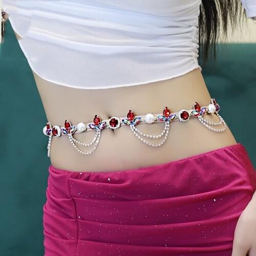 New rhinestone body chain belt crystal waist chain belly dance jewelry handmade gold glittering waist chain red blue