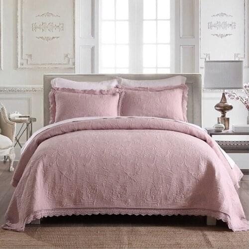 3pcs solid color 100%cotton embroidered patchwork quilt colcha full queen size crochet lace bed cover bedspread free shipping LT