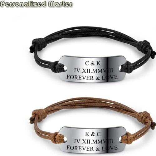 Personalized Master Customized Name Tag Stainless Steel Tag Leather Rope Bracelets Adjustable Text Engraved Bracelet DIY Jewelry