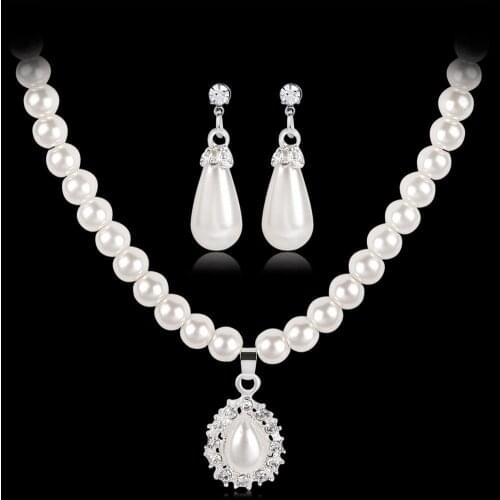 Water Drop Faux Pearl Beaded Rhinestone Bridal Necklace Earrings Jewelry Set new