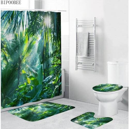 Rainforest Woods Forest Fabric Shower Curtain Green Plants Leaf Bathroom Curtains Set Bath Mats Rugs Toilet Cover Home Decor