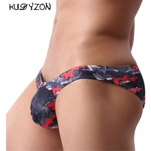 KUDYZON Sexy Gay Underwear Men Printed Briefs Low Waist Male Panties Cuecas Calzoncillos U Pouch Jockstrap Mesh Bikini Brief