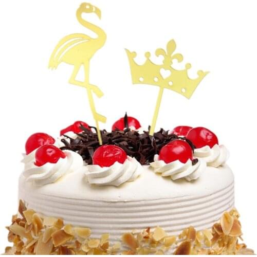 Cake Toppers Flamingo Crown Star Birthday Wedding Gold Cupcake Acrylic Cake Topper Flags Baby Shower Baking Decor DIY Party