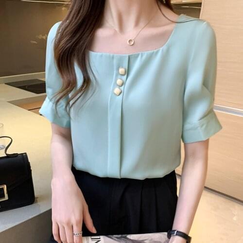 Chiffon Blouse Shirt For Women Fashion Short Sleeve Square Collar 2021 Summer Casual Office Lady White Shirts Tops Korean Style