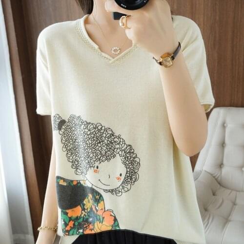 Summer 2021 new pure cotton ladies T-shirt v-neck knitted sweater short-sleeved casual ladies blouse cartoon plus size tees hot