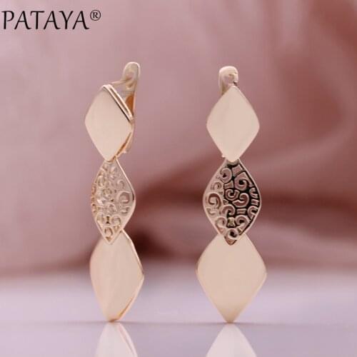 PATAYA New Three Square Glossy Unusual Dangle Earrings Women Creative Fashion Jewelry 585 Rose Gold Engagement Hollow Earrings