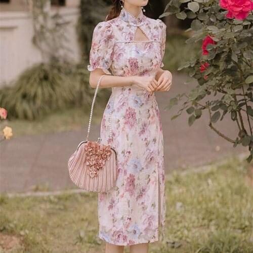 Beaded Hollow Sexy Print Temperament Slim Cheongsam Bodycon Dress Summer Young Models Elegant Qipao Women 2021