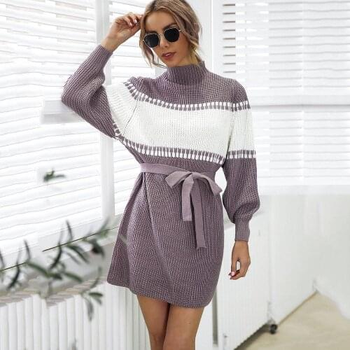 Casual Stripe Lace Up Knitted Mini Dress Woman Spring Fall Lantern Sleeve Slim Dresses Women Black Office Sweater Robe Femme