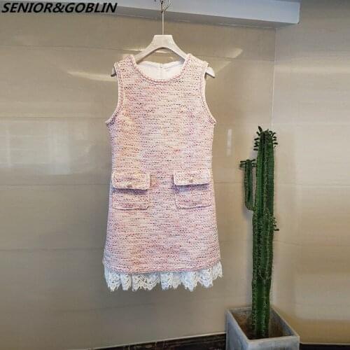 2020 High Quality New Brand Dresses Luxury Runway Designers Autumn Winter Women Sleeveless Bow Tweed Lace Sexy Vest Party Dress