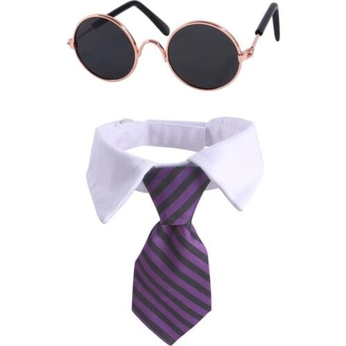 1Pcs Vintage Round Sunglasses Pet Glasses Round Metal Cat Sunglasses Dog Eyewear With Tie Collar Necktie Bow Tie For Halloween