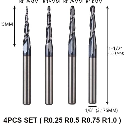 4pcs/Lot Tungsten Solid Carbide Inch Size 3.175mm Ball Nose Tapered End Mill Router Bits CNC Taper Wood Metal Milling Cutter