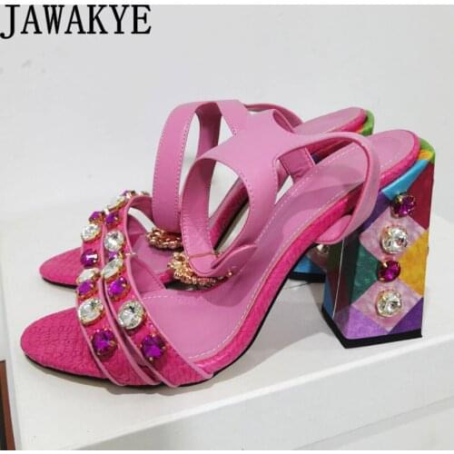 Ankle Bucle Square Chunky High-heel Sandals Ethnic Style Crystal Design Wedding Party Shoes Pink Skirt Dress Shoes Women Summer