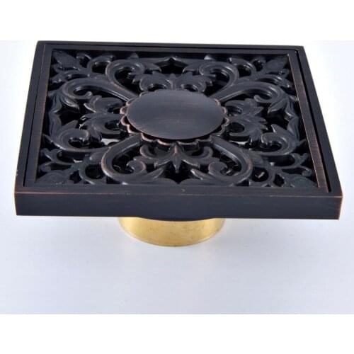 Black Oil Rubbed Bronze Carved Flower Pattern Bathroom Shower Drain 4" Square Floor Drain Waste Grates Bathroom Accessory mhr086