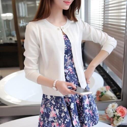 Elegant Solid Office Ladies Style Knit Sweater Basic Long Sleeve Woman Cardigans O-Neck Short Female Sweater with One Button