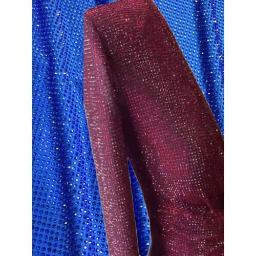 Custom Made Hot Fix High Quality Orange Crystal Rhinestone Polyester Spandex Elastic Stretch Fabric Knitting Dance Dress Elastic