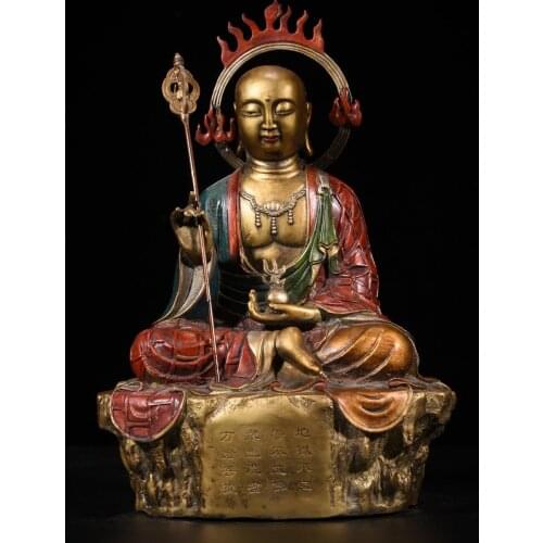 12"Chinese Folk Collection Old Bronze Painted Ksitigarbha Buddha Jizo Sitting Buddha Enshrine the Buddha Ornaments Town House