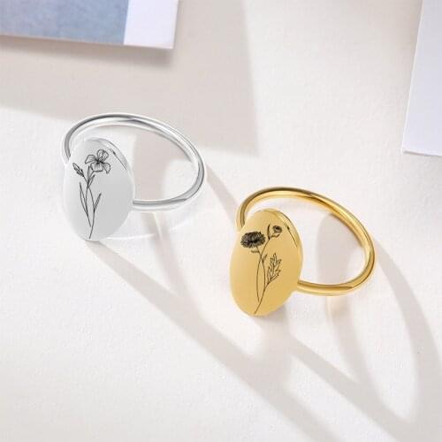Womens Custom Birth Month Flower Rings for Lady Female Jewelry, Stainless Steel Nameplate Signet Bands,Birthday Gifts to Her