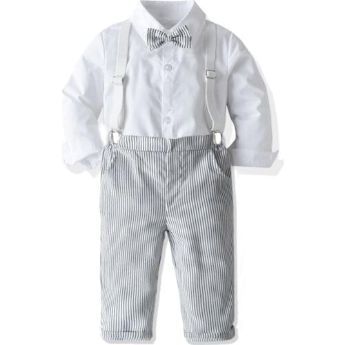 Children Boy Clothing Suit 2021 New Gentleman Outfits Party Set Long Sleeved White Shirt + Striped Pants + White Belt Kids