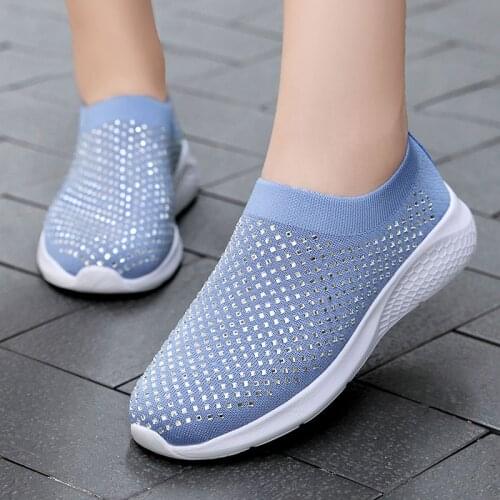 2021 Autumn Women Sneakers Vulcanized Walking Shoes Bling Casual Flats Socks Comfort Rhinestone Ladies Plus Size Woman Fashion