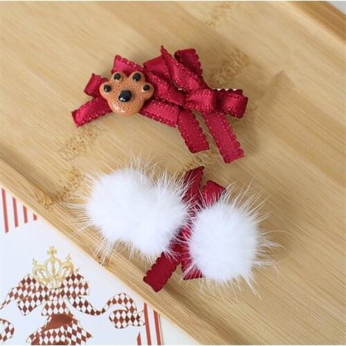 Lolita Red Princess Fur Ball Bowknot Bear Paw Hairpin Girl Maid Cosplay Hair Accessories B1721
