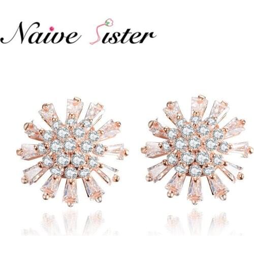 Fashion Rose Gold Color Blooming Flower Stud Earring Full Zircon Paved Earrings For Women Party Jewelry Wholesale